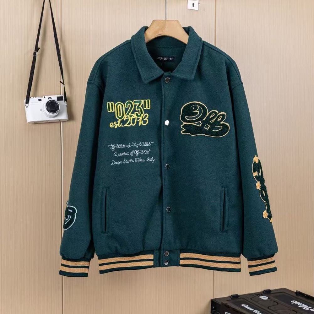 Off-White Dark Green Varsity Jacket Embroidered Letterman Coat
